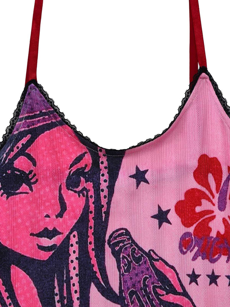 Rosa 2000er Slip Spitze Besatz Comic Druck Kleid