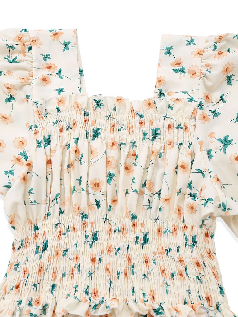 Gelb 1940er Blumen Quadratischer Hals Kleid