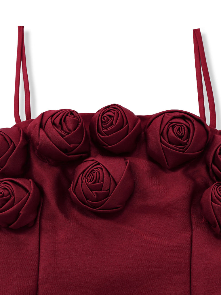 Weinrot 1960er Einfarbig 3D Blumen Kurz Kleid