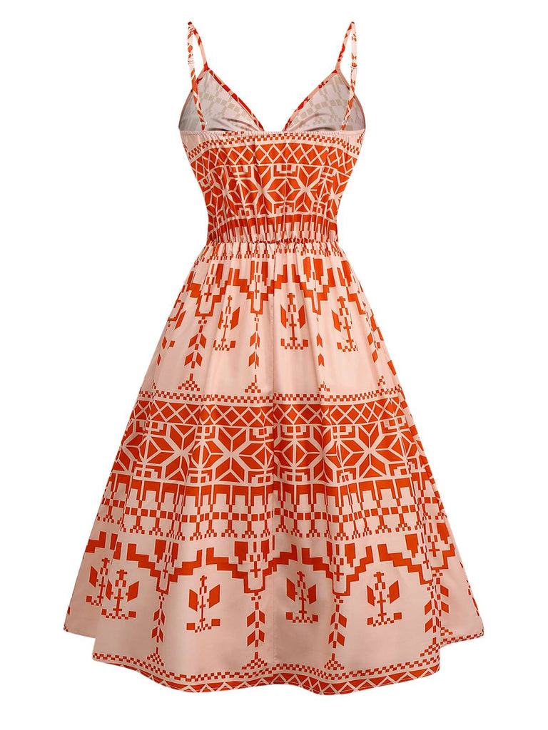 Orange 1940er Blumen Schnürung Hohl Kleid