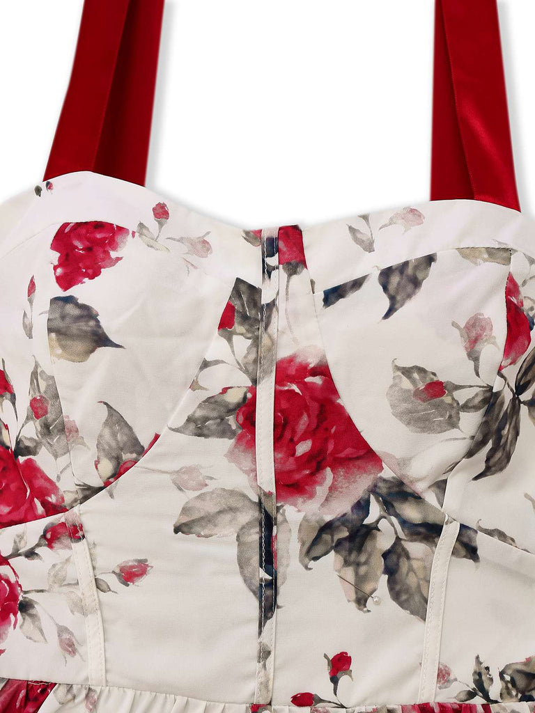 Weiß 1950er Rose Schnürung Swing Kleid