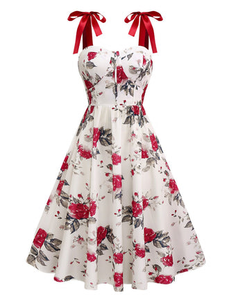 Weiß 1950er Rose Schnürung Swing Kleid