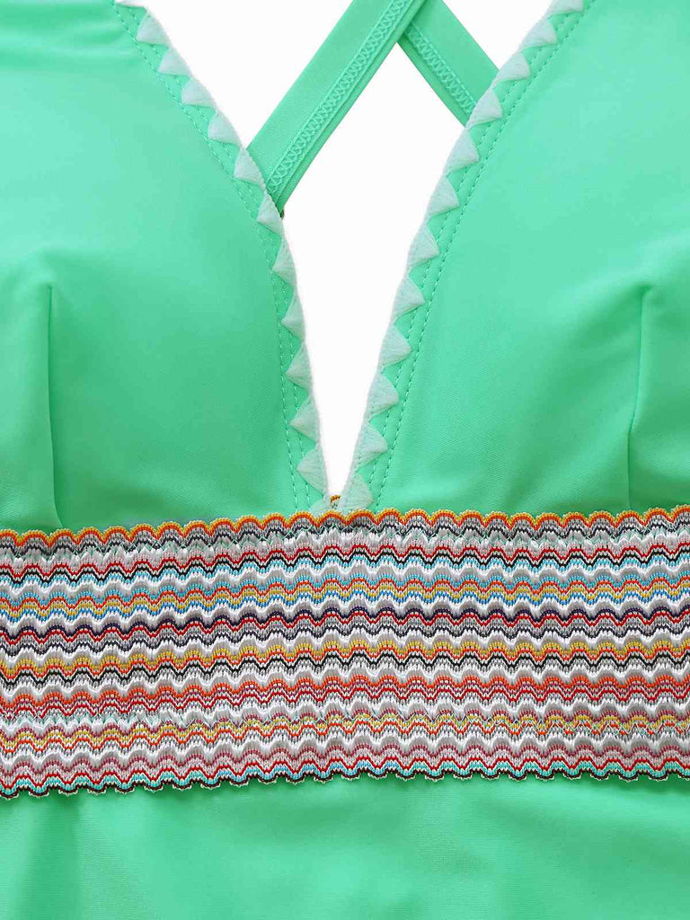 1940er Tiefer V-Ausschnitt Wellig Patchwork Einteiliger Badeanzug