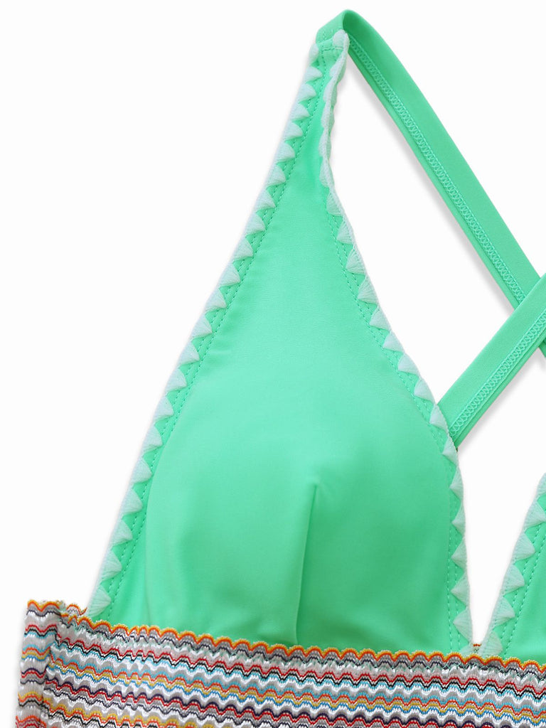 1940er Tiefer V-Ausschnitt Wellig Patchwork Einteiliger Badeanzug