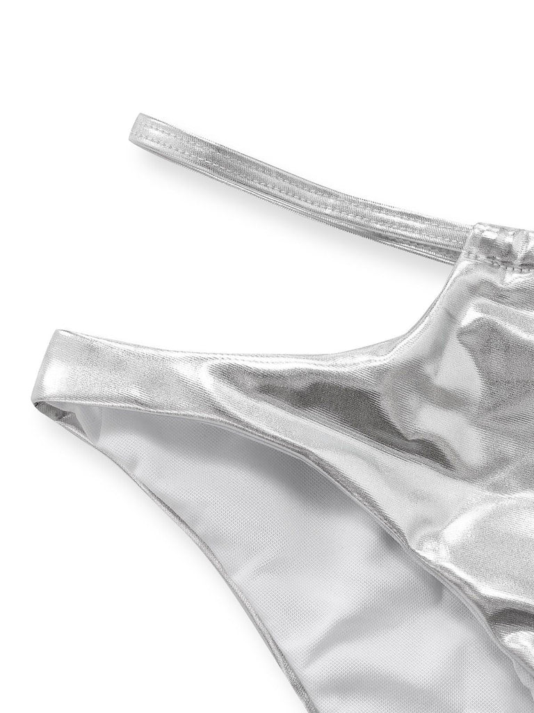 Silber 1970er Holographisch Pailletten Fransen Bikini Set