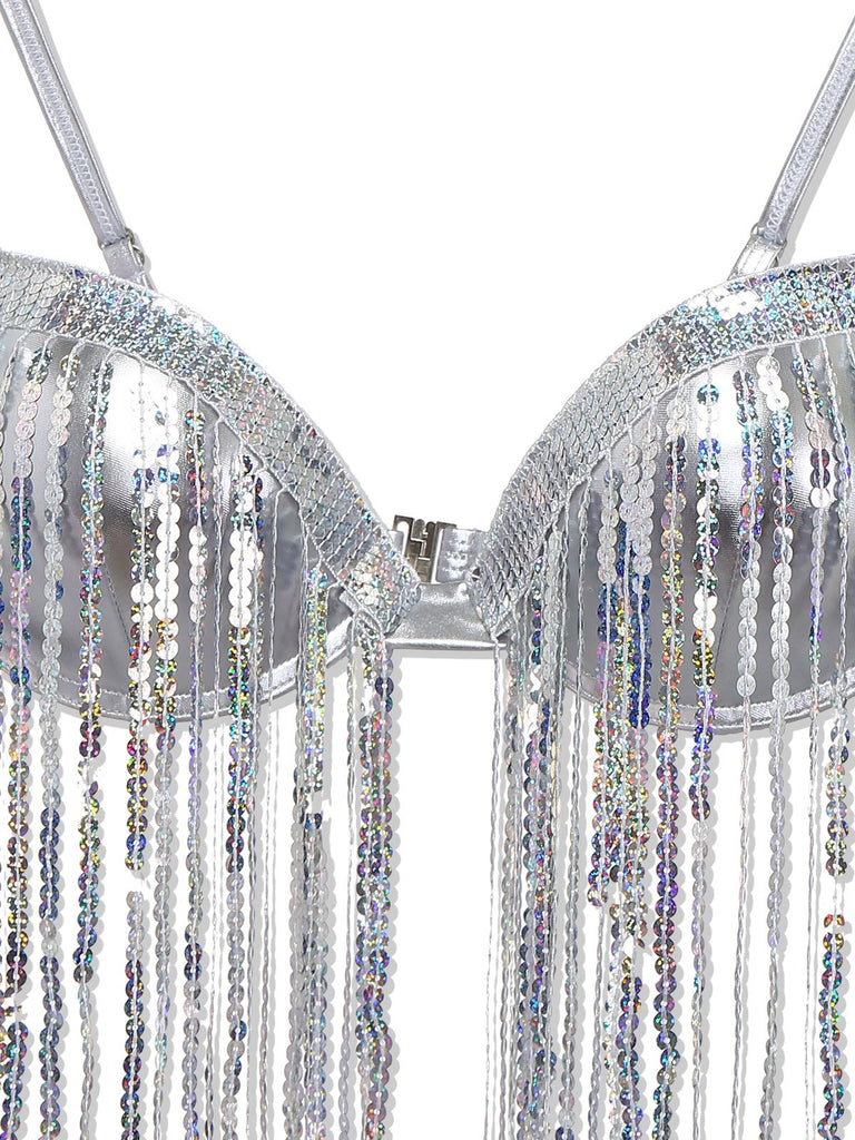 Silber 1970er Holographisch Pailletten Fransen Bikini Set