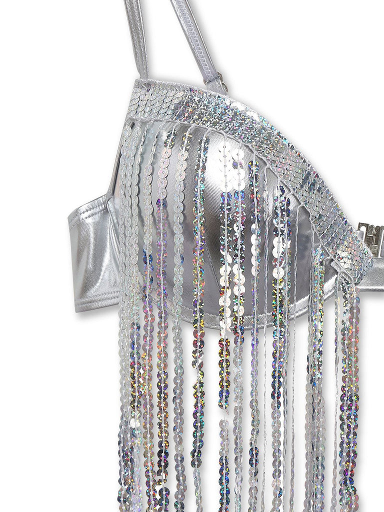 Silber 1970er Holographisch Pailletten Fransen Bikini Set