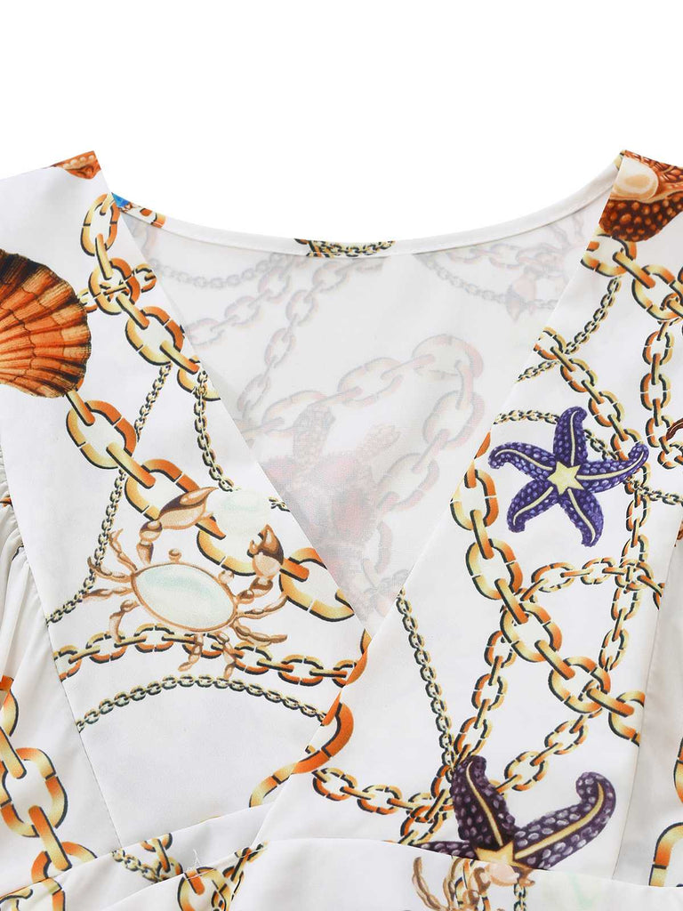 Weiß 1960er V-Ausschnitt Ketten Muschel Taille Cutout Romper