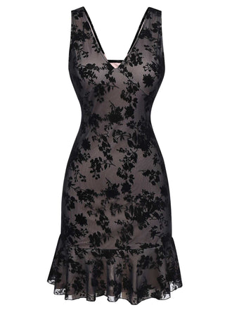 Schwarz 1960er Blumen Beflocktes Netz Rüschensaum Kleid