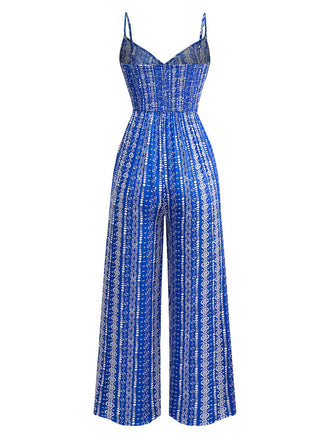 Blau 1970er Boho Spaghetti Träger Jumpsuit
