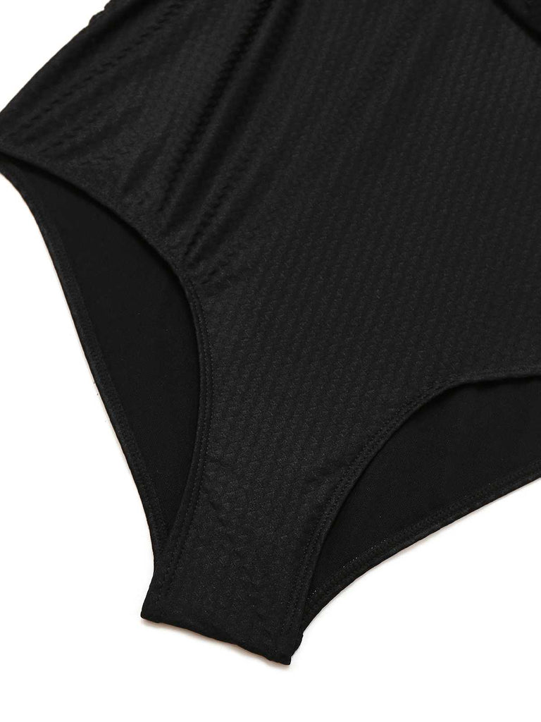 Schwarz 1930er Tief V-Ausschnitt Muschel Badeanzug