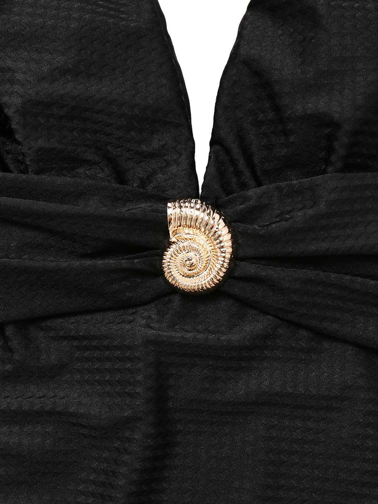 Schwarz 1930er Tief V-Ausschnitt Muschel Badeanzug