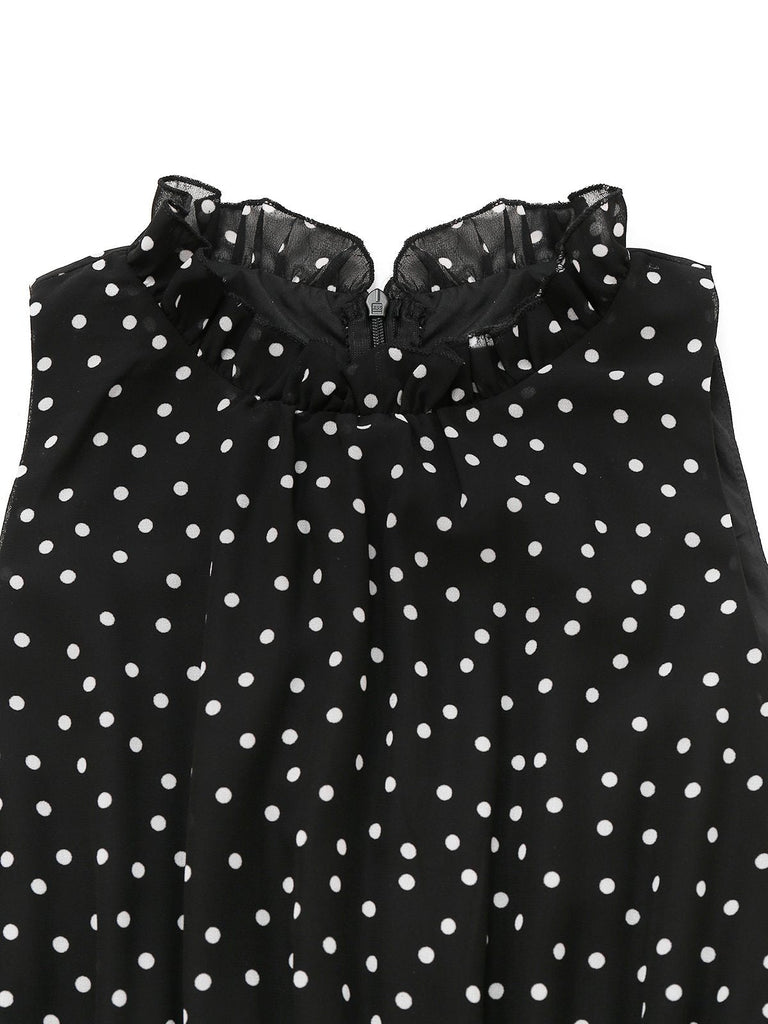 Schwarz 1930er Polka Dots Chiffon Ärmellos Kleid