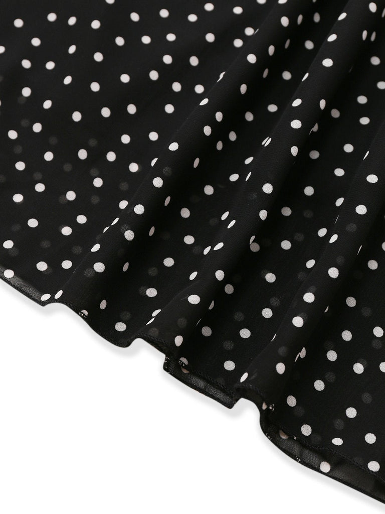Schwarz 1930er Polka Dots Chiffon Ärmellos Kleid