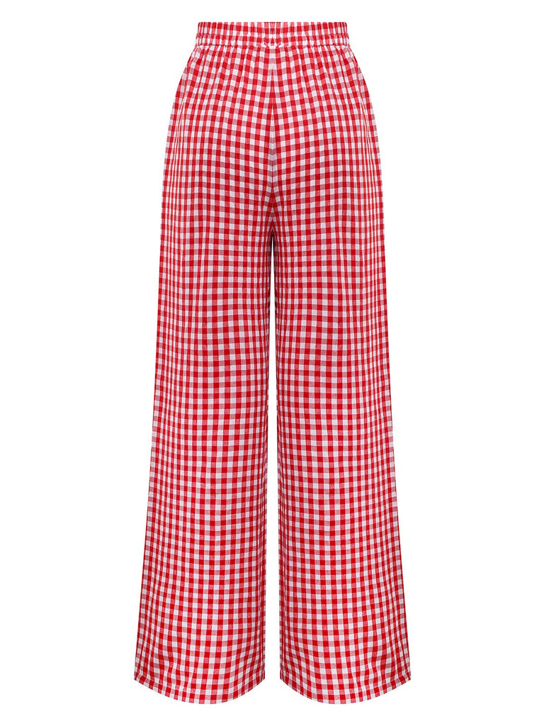 Rot 1980er Gingham Plaid Weites Bein Hose