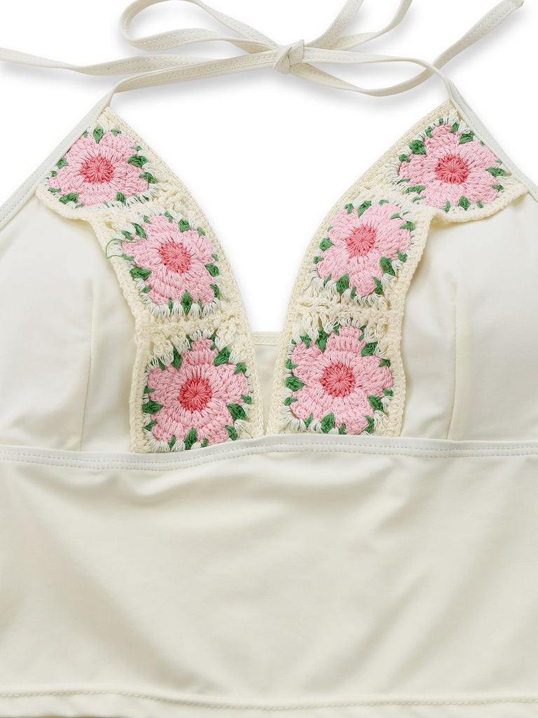 1950er Bestickt Handgemacht Blumen Hohe Taille Tankini Set