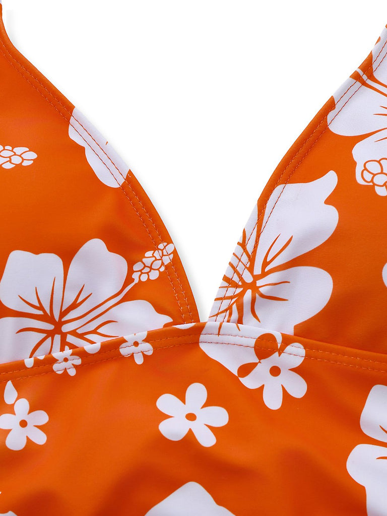 Orange 1970er Tropisch Blumen Halter Tankini Set