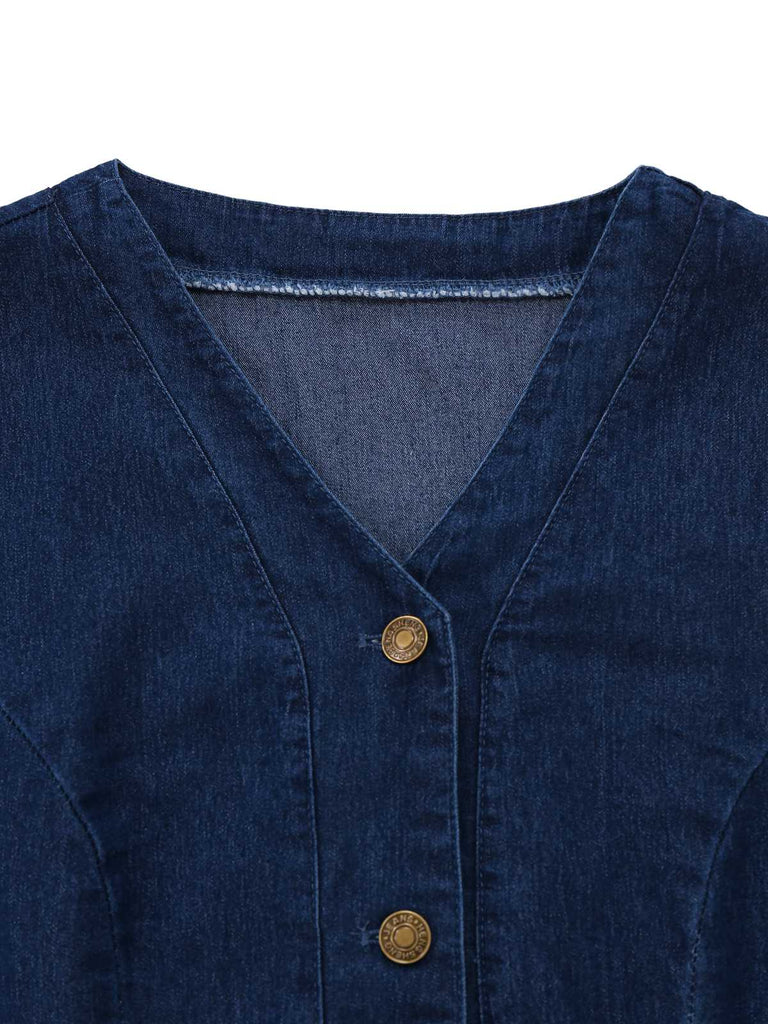 Blau 1970er Taschen Ärmellos A-Linie Denim Kleid