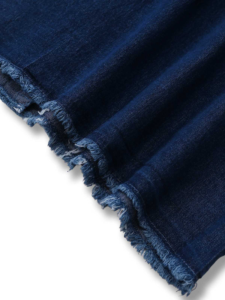 Blau 1970er Taschen Ärmellos A-Linie Denim Kleid