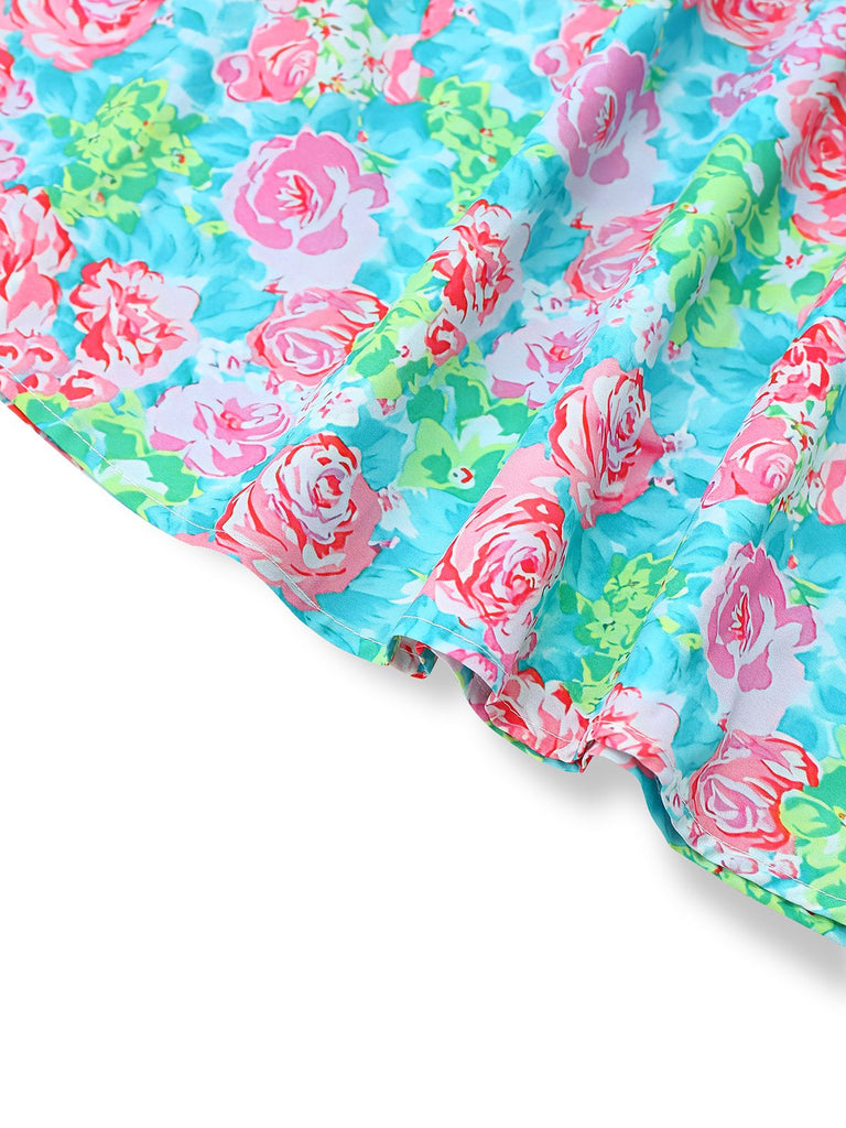 Grün 1970er Boho Blumen V-Ausschnitt Kleid