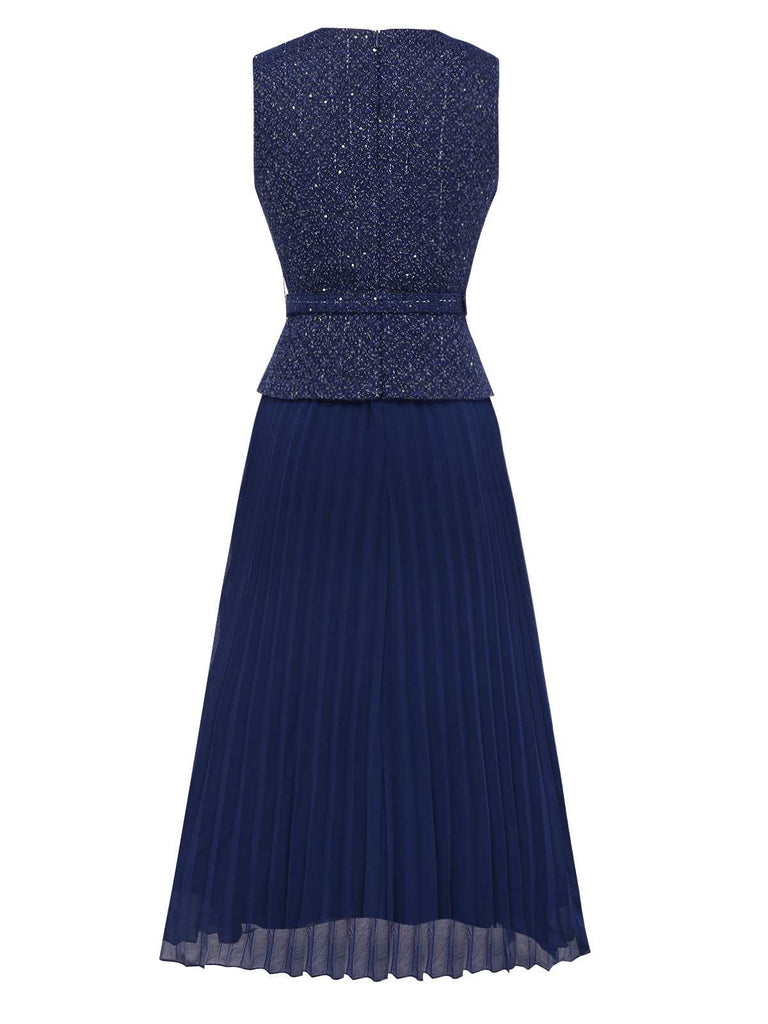 1960er Perle Taste Gürtel Ärmellos Plissiertes Kleid