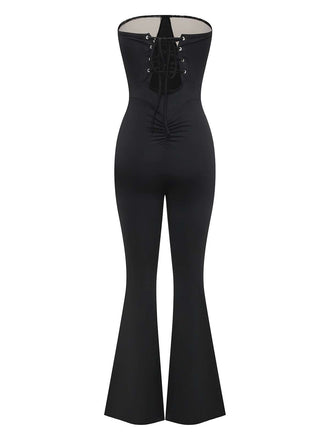 Schwarz 1970er Trägerlos Spitze Panel Ausgestellt Jumpsuit