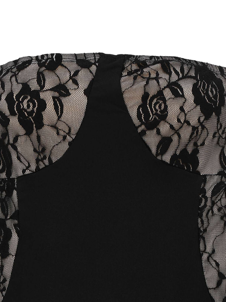 Schwarz 1970er Trägerlos Spitze Panel Ausgestellt Jumpsuit