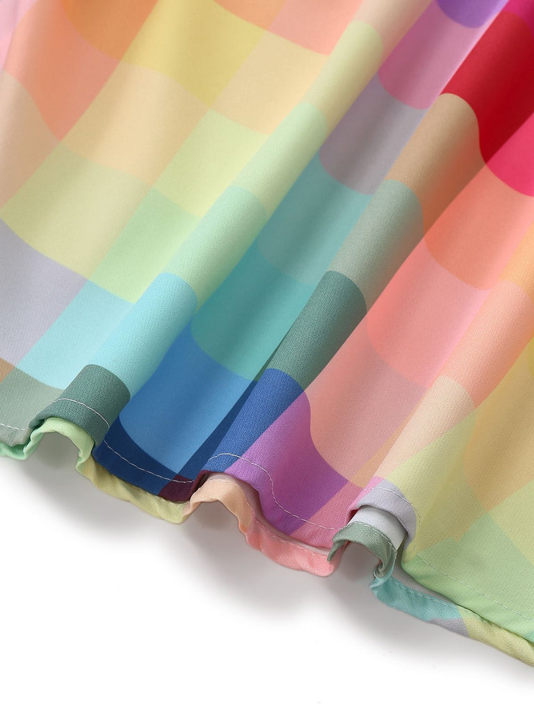 Bunt 1950er Karo Breite Träger A-Linie Kleid