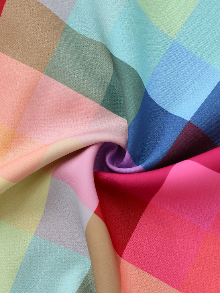 Bunt 1950er Karo Breite Träger A-Linie Kleid