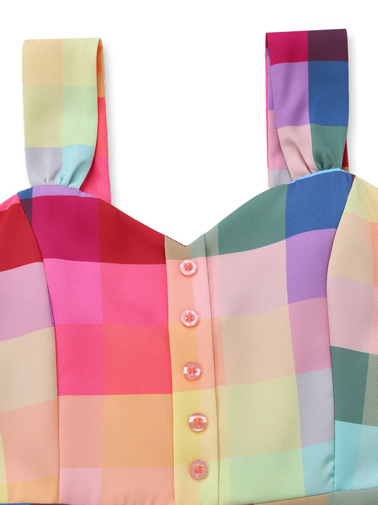 Bunt 1950er Karo Breite Träger A-Linie Kleid