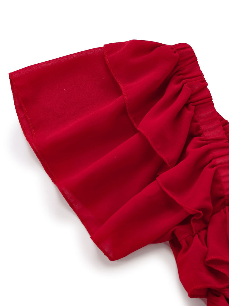 1950er Rüschen Gestuft Schulterfrei Maxi Kleid