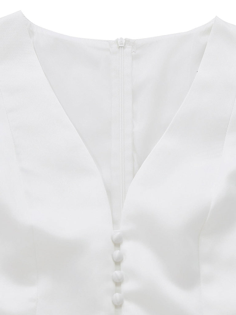 Weiß 1950er Solide Ärmellos V-Ausschnitt Knopf Kleid
