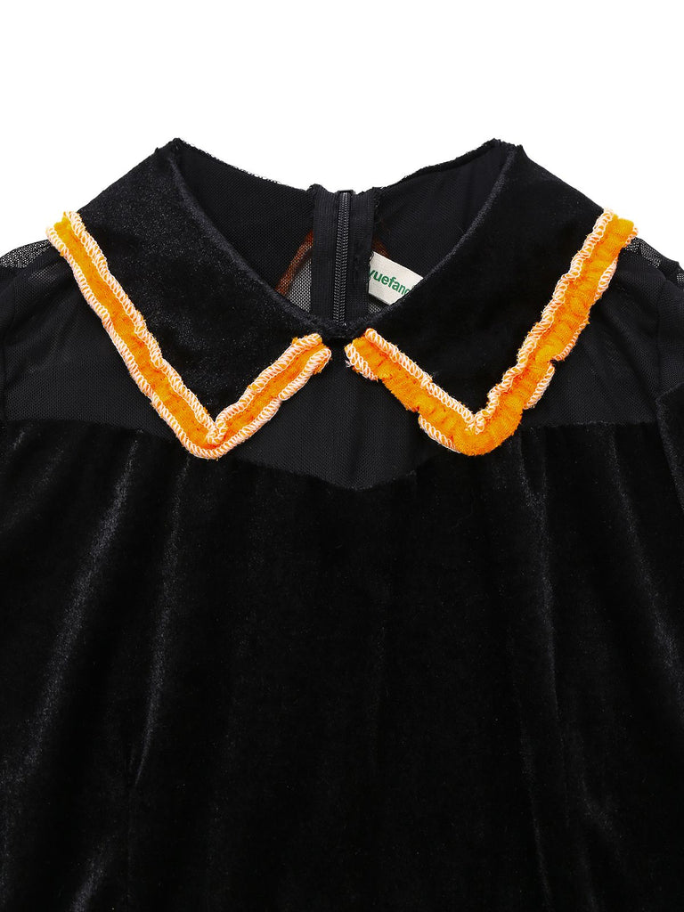 Schwarz 1940er Revers Bogen Patchwork Kleid