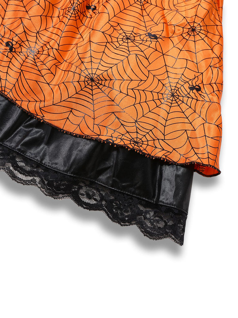 Orange 1960er Halloween Kürbis Spinnennetz Puffärmel Kleid