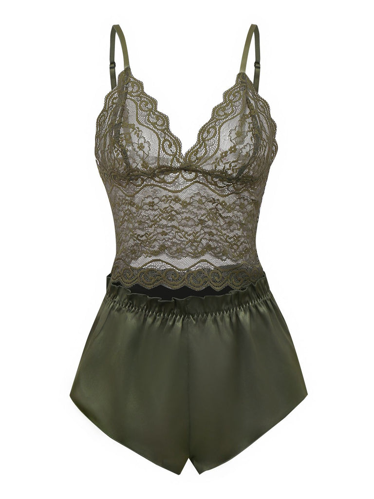 Grün 1950er Solide Spitze & Satin Pyjama Set