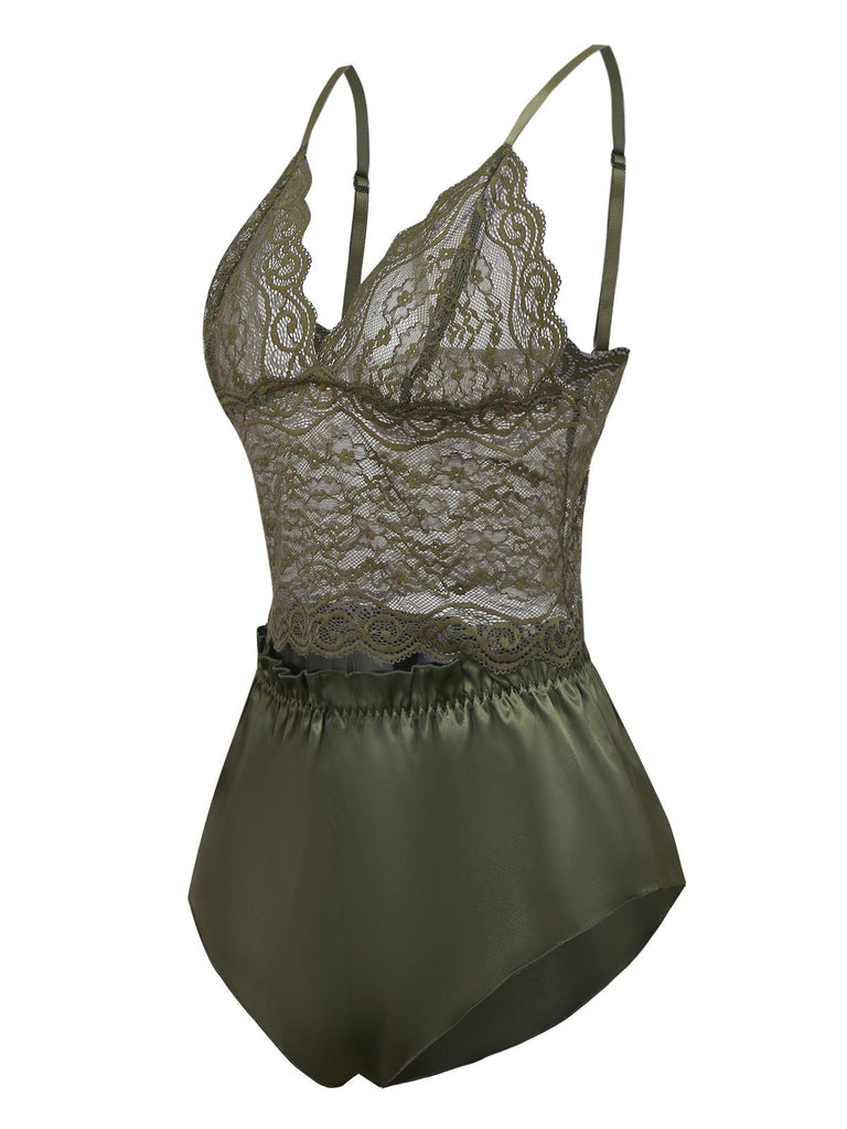 Grün 1950er Solide Spitze & Satin Pyjama Set