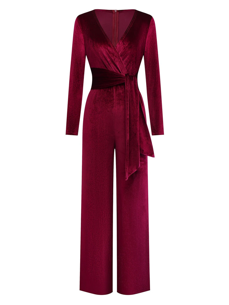 1970er Samt Tief V-Ausschnitt Langarm Jumpsuit