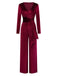 1970er Samt Tief V-Ausschnitt Langarm Jumpsuit