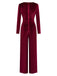 1970er Samt Tief V-Ausschnitt Langarm Jumpsuit