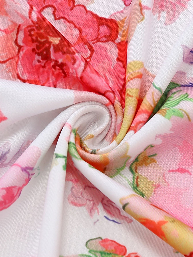 Rosa 1980er Blumen Druck Trägerlos Figurbetont Maxi Kleid