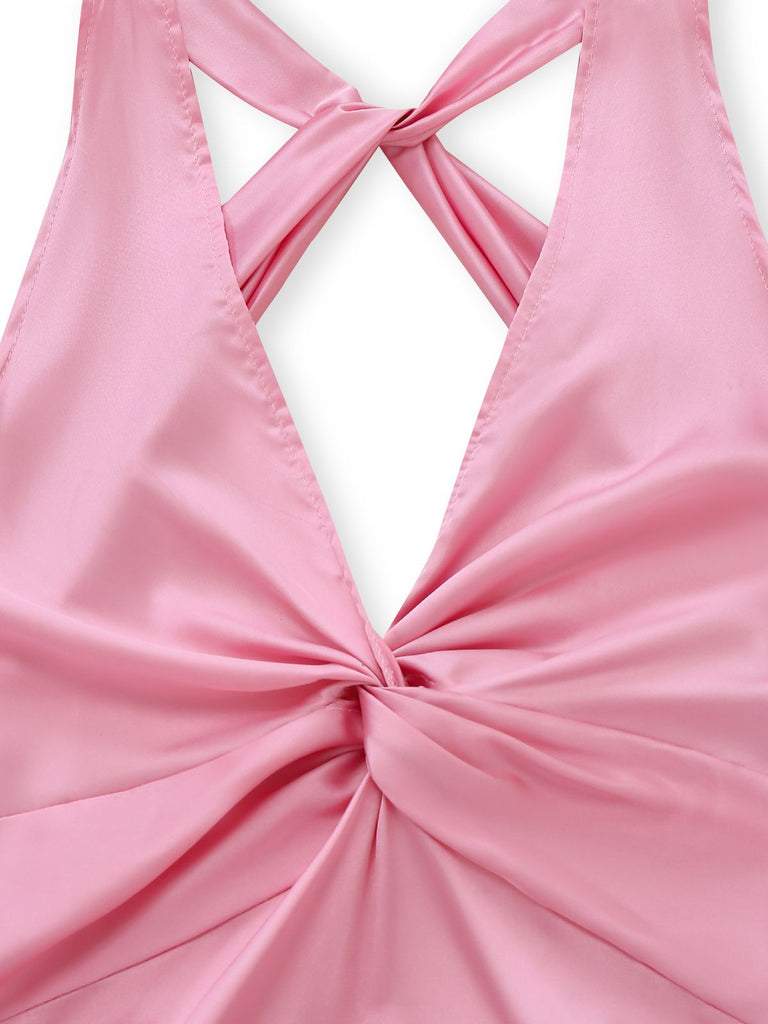 Rosa 1930er Satin V-Ausschnitt Twist Midi Kleid