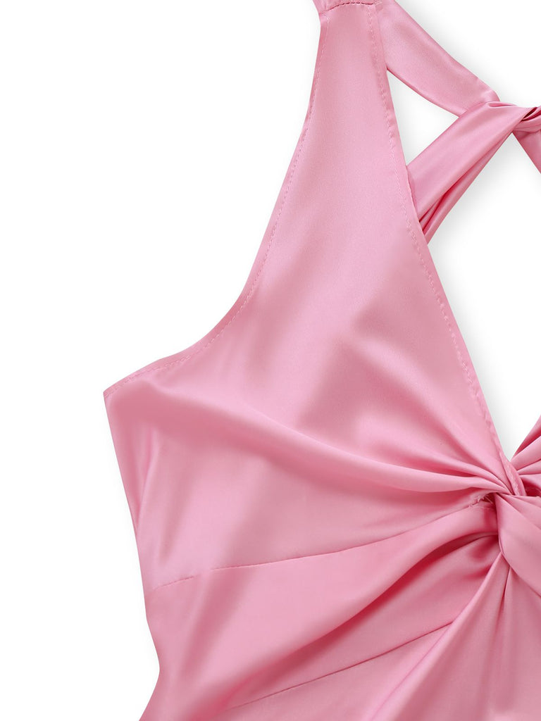 Rosa 1930er Satin V-Ausschnitt Twist Midi Kleid