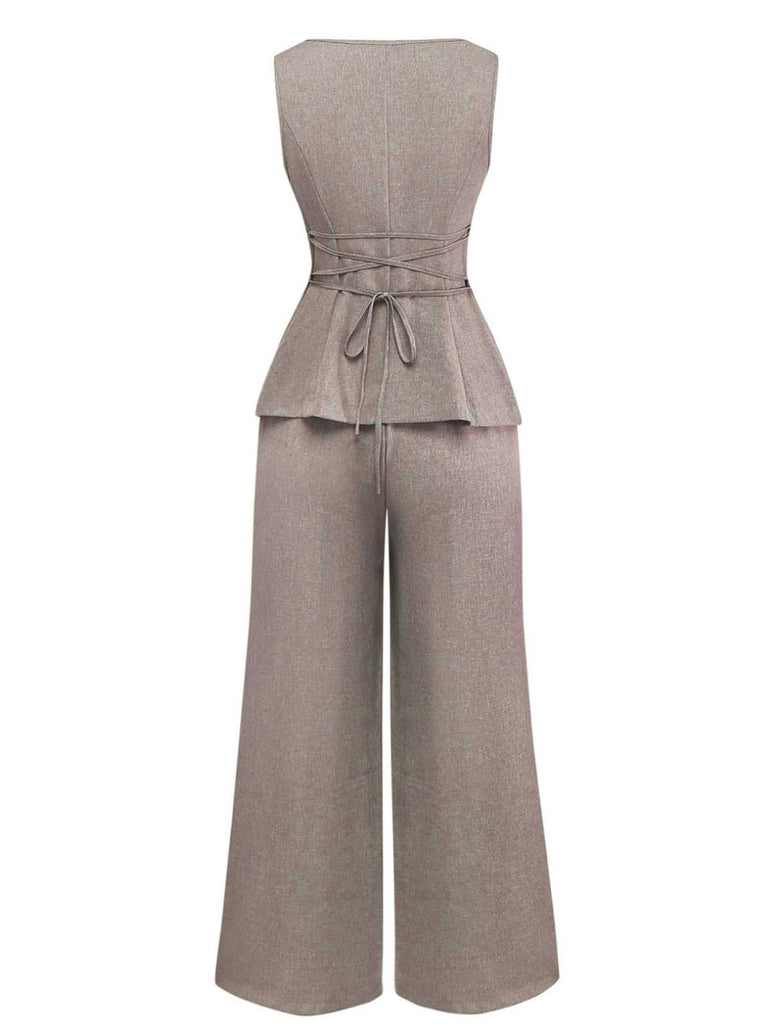 2PCS Solide 1940er Ärmellos Top & Weites Bein Hose