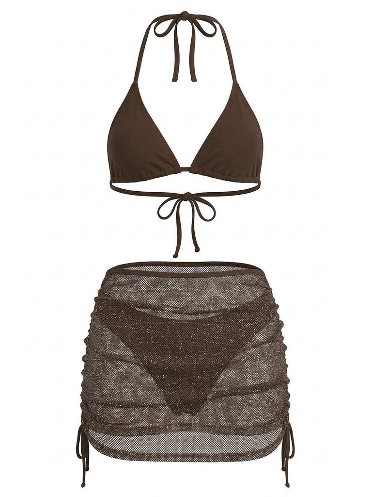Kaffee 1940er Uni Halter Bikini Set & Häkel Cover-Up