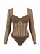 Hellbrauner 80er-Jahre-Mesh-Body mit Glitzer und Stäbchen, langärmelig