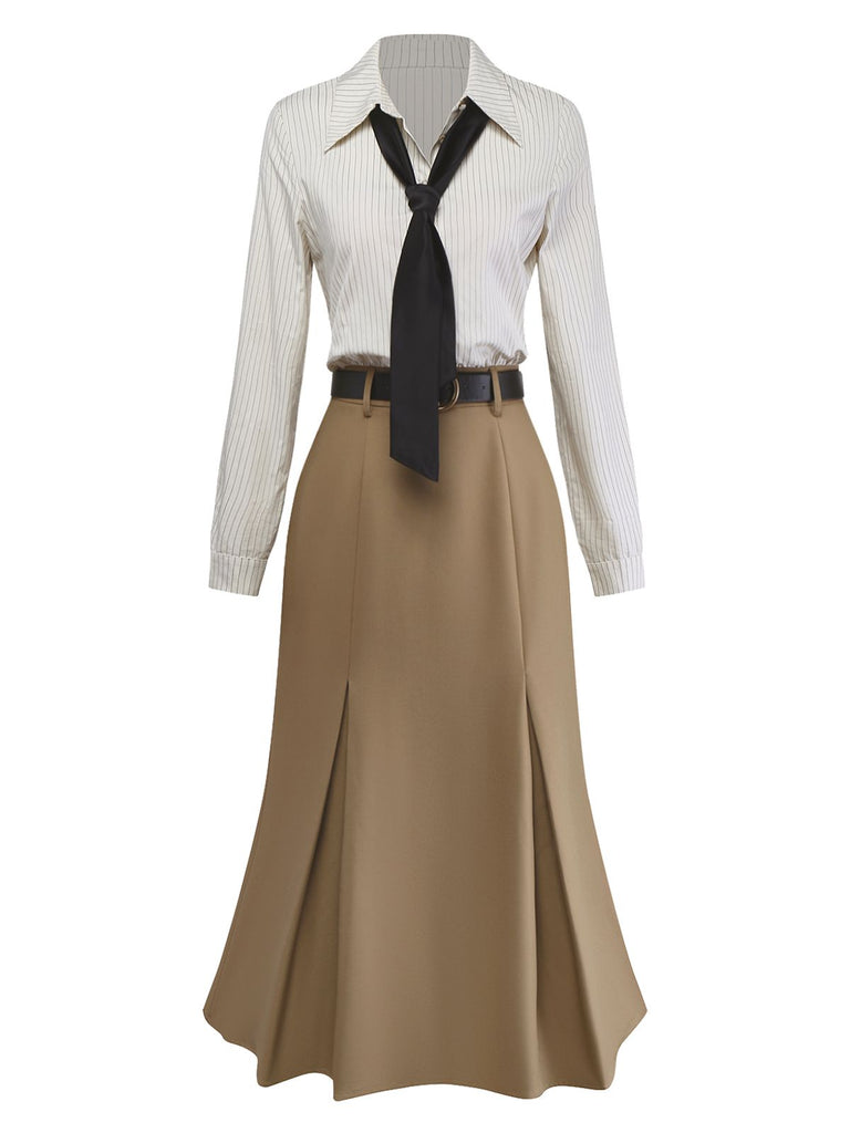 30er Kleid mit gestreifter Blusenpartie, Revers und abnehmbarer Krawatte