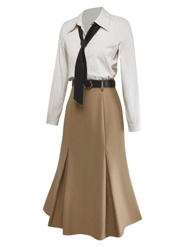 30er Kleid mit gestreifter Blusenpartie, Revers und abnehmbarer Krawatte