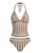 Khakies 50er Tankini-Set mit Streifen und Häkelarbeit