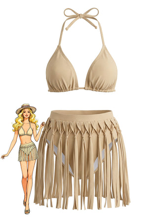 Khaki 70er Bikini-Set & Shorts mit Neckholder und Patchwork