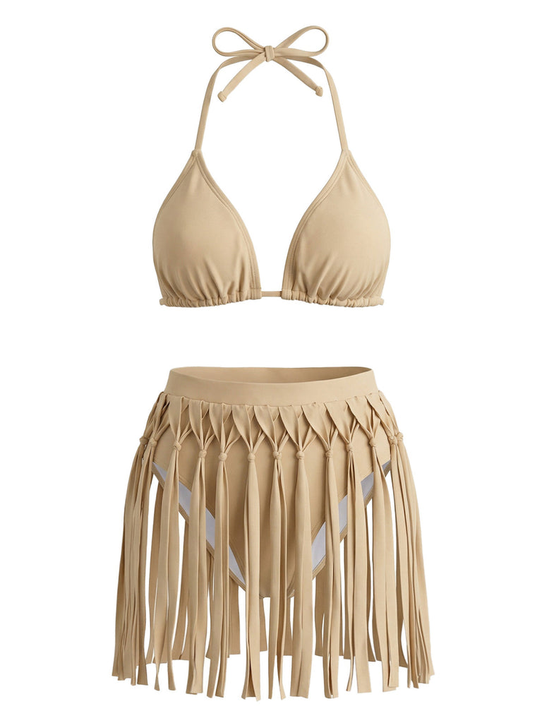 Khaki 70er Bikini-Set & Shorts mit Neckholder und Patchwork